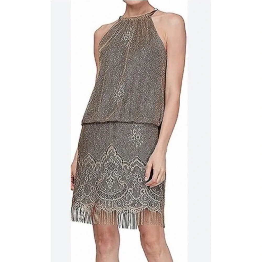 S.L. FASHIONS Women's Blouson  Halter Crochet Dress Flapper Fringe Sz 6 Gold NEW